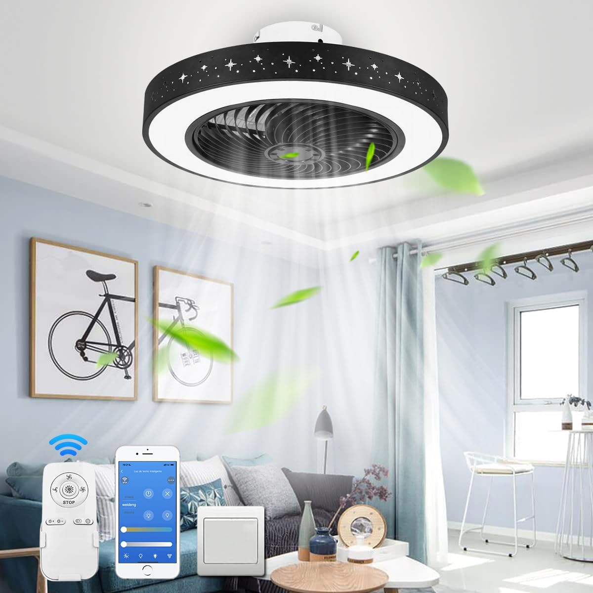 Lámpara con ventilador y luz ajustable