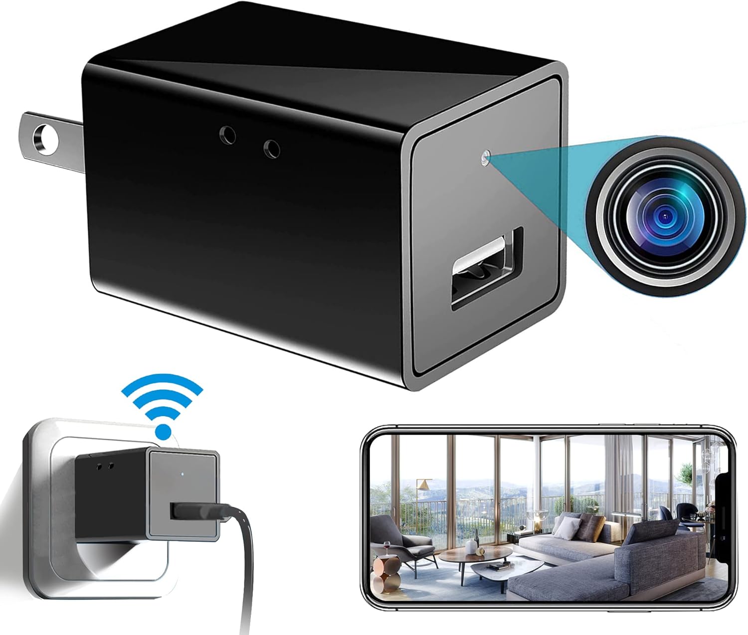 Cámara WiFi Oculta USB Cargador Pared HD