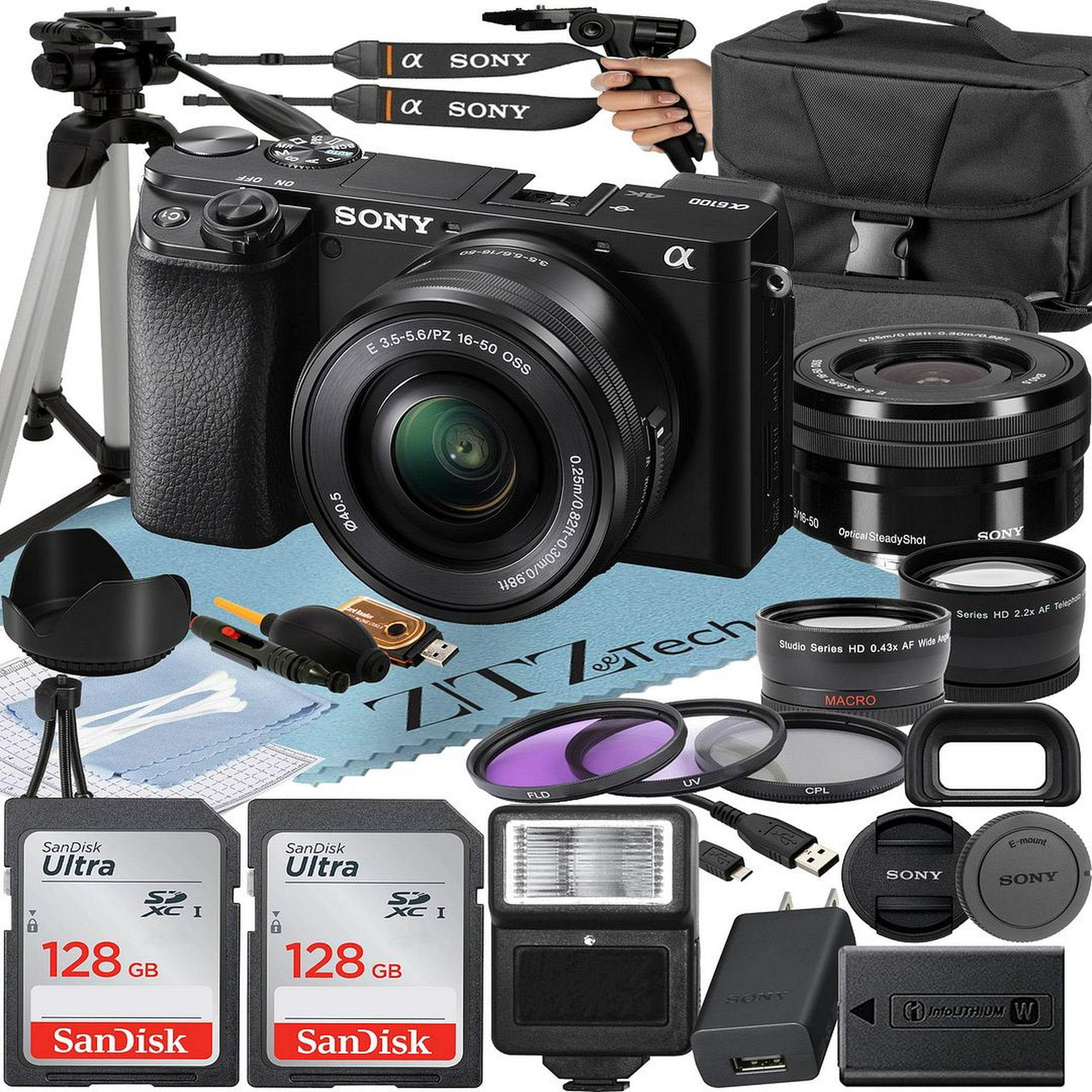 Sony a6100 cámara con lente y flash Godox TT350