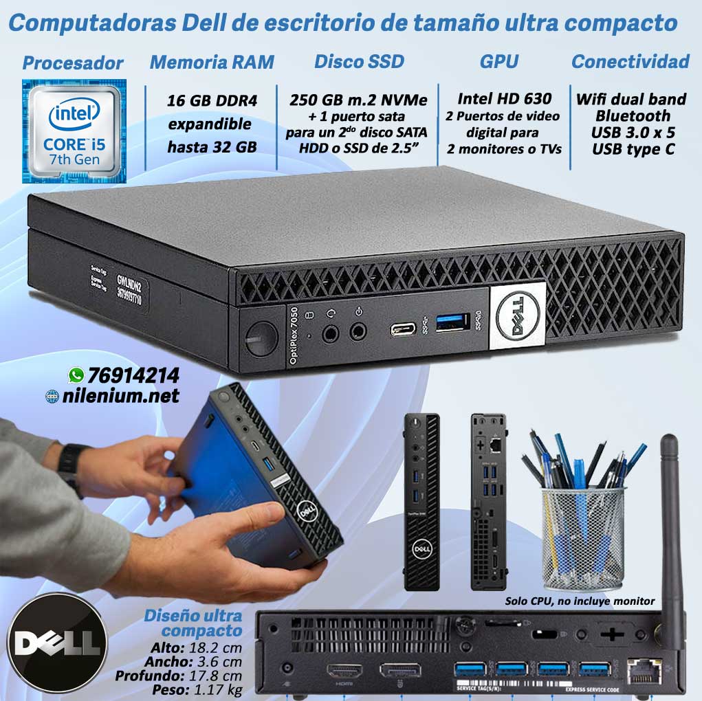 Mini CPU Dell y Lenovo con Intel Core i5 de 7ª Generación, 8GB RAM DDR4, Disco SSD 256GB y WiFi integrado en República Dominicana