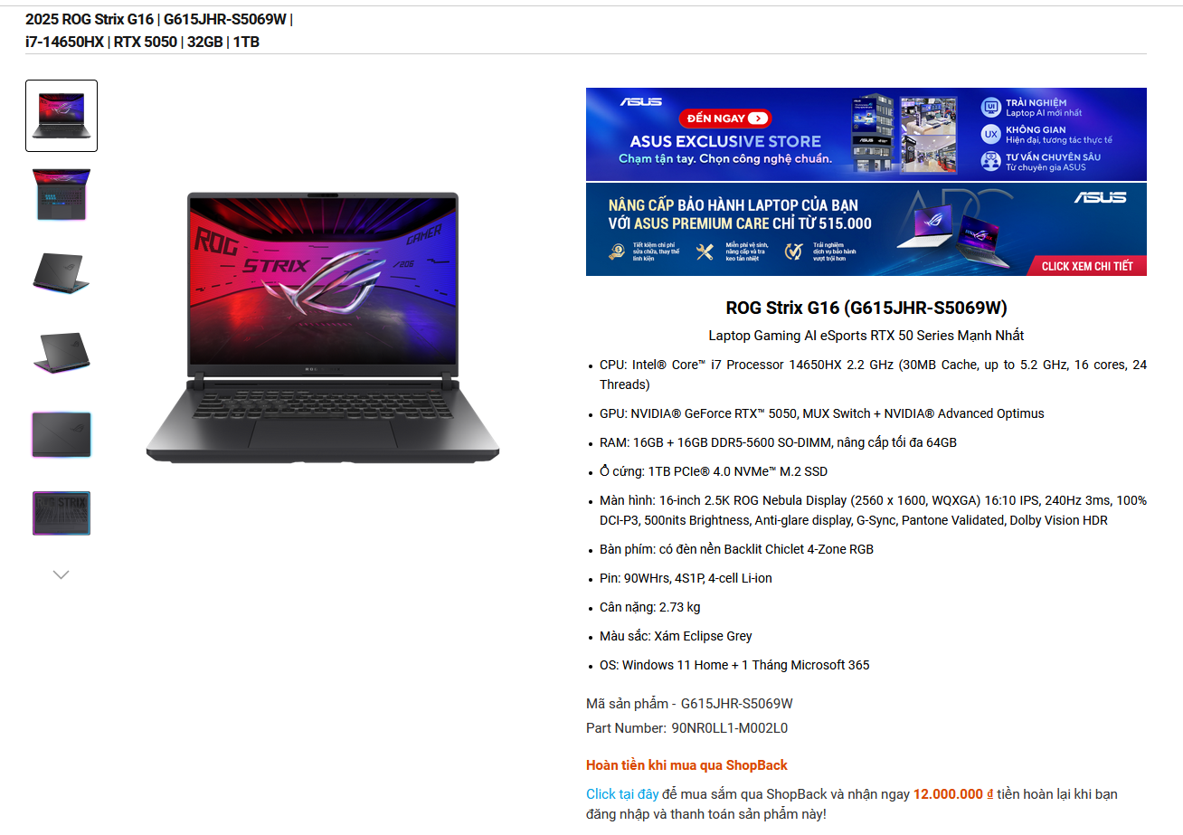 Portátil Asus ROG STRIX G16 con Ryzen 9, RTX 5050, 16GB RAM y 1TB SSD en República Dominicana