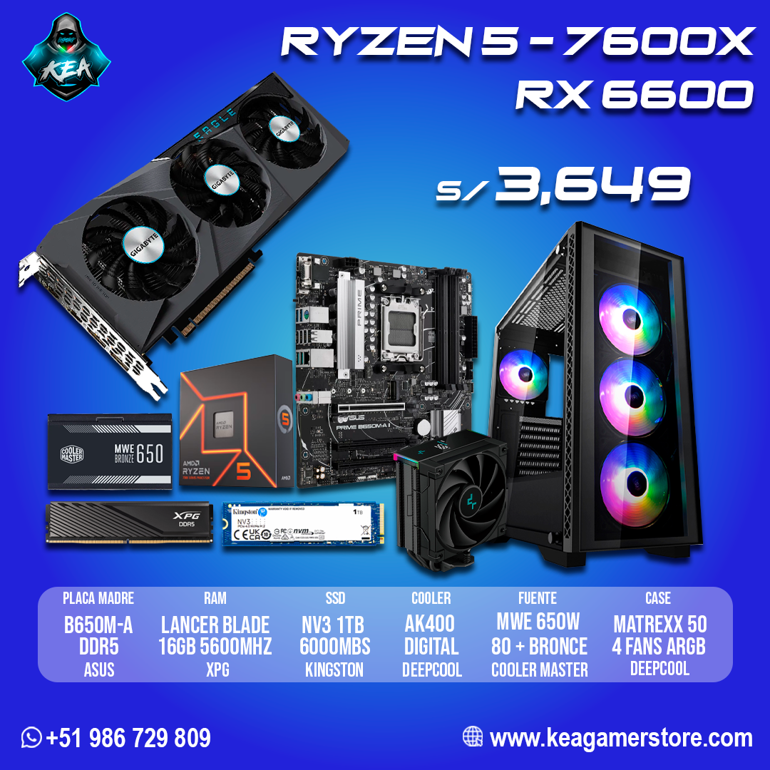 PC Gamer con procesador AMD Ryzen 5 7600, tarjeta gráfica RX 6600 XT 8GB y 16GB RAM en República Dominicana