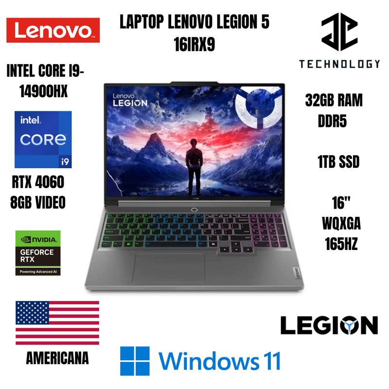 Lenovo Legión 5, portátil 16", procesador Intel Core i9-14900HX, 32GB RAM, SSD 1TB, tarjeta gráfica Nvidia RTX 4070
