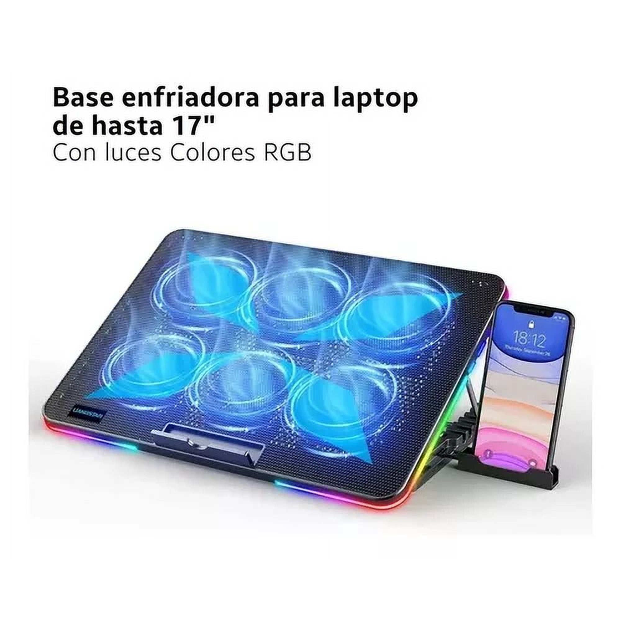 Base refrigerante RGB para laptop con 6 ventiladores y soporte para celular