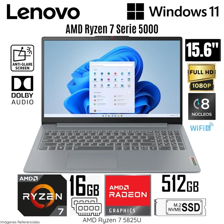 Portátil Lenovo IdeaPad Slim 3 de 15.6" FHD táctil, Ryzen 7 5825U, 16GB RAM, 512GB SSD en República Dominicana