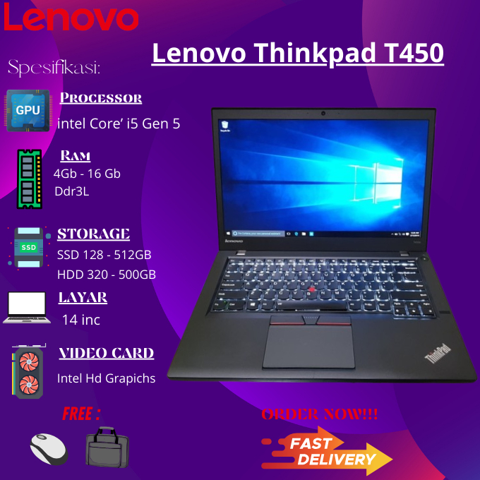 Portátil Lenovo T450 14" Core i5, 16GB RAM, SSD 128GB, Gráficos Intel HD 5500 8GB en República Dominicana