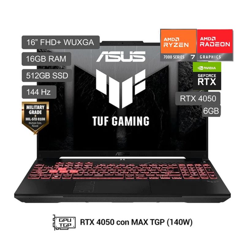 Portátil ASUS TUF Gaming A16 con 512GB SSD, 16GB RAM, RTX 4050 y procesador Ryzen en República Dominicana
