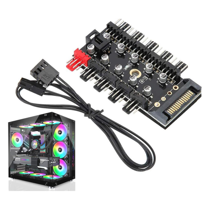 Concentrador PWM para 10 Ventiladores con Alimentación SATA y Control desde un Solo Conector