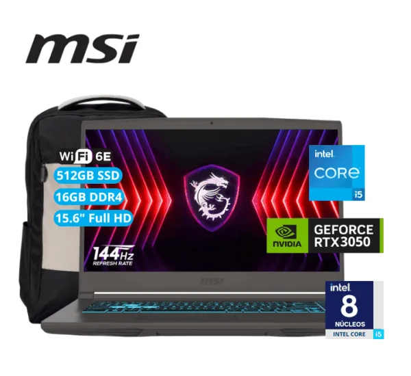 Portátil MSI Gamer GF63 15.6" Intel Core i5 11ª Gen, 16GB RAM DDR4, NVIDIA RTX 3050 4GB, SSD 512GB, Pantalla 1080p 144Hz en República Dominicana