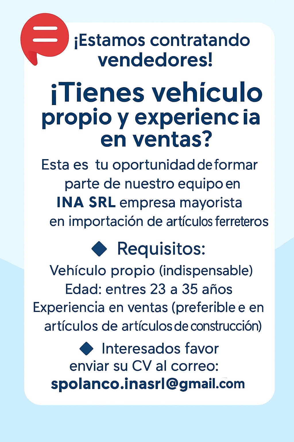 Empleo para vendedor con movilidad propia