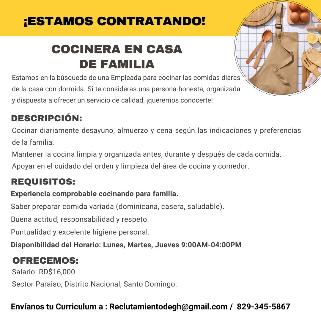 Empleo cocinera experiencia casa de familia